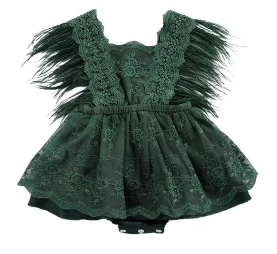 Forest Green Lace Romper with Feather Detail