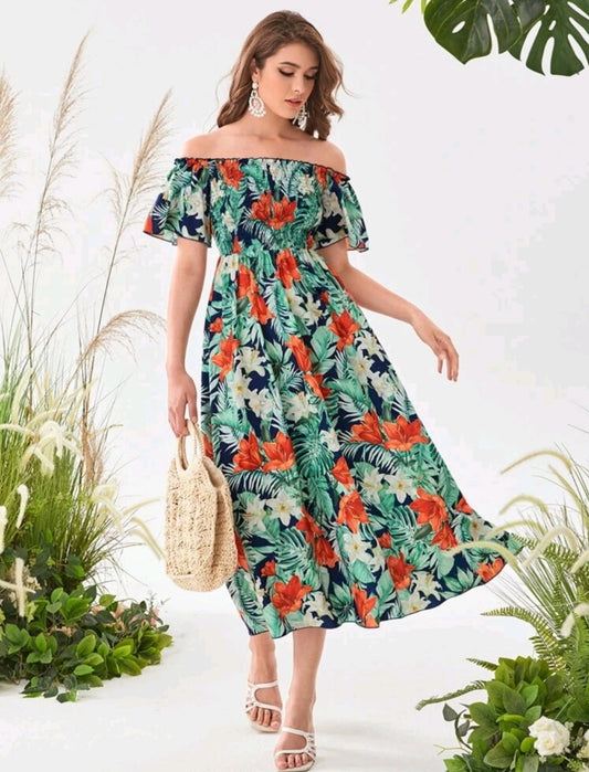 Tropical Frill Dress On or Off The Sholders #700047