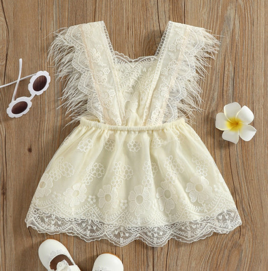 Ivory Lace Dress with Feather Detail 