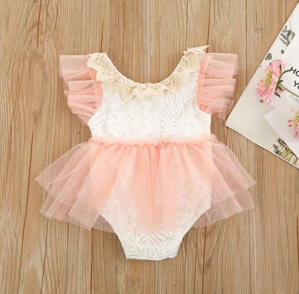 Lace Romper with Romantic Peach Pink Tutu and Ruffle Sleeve