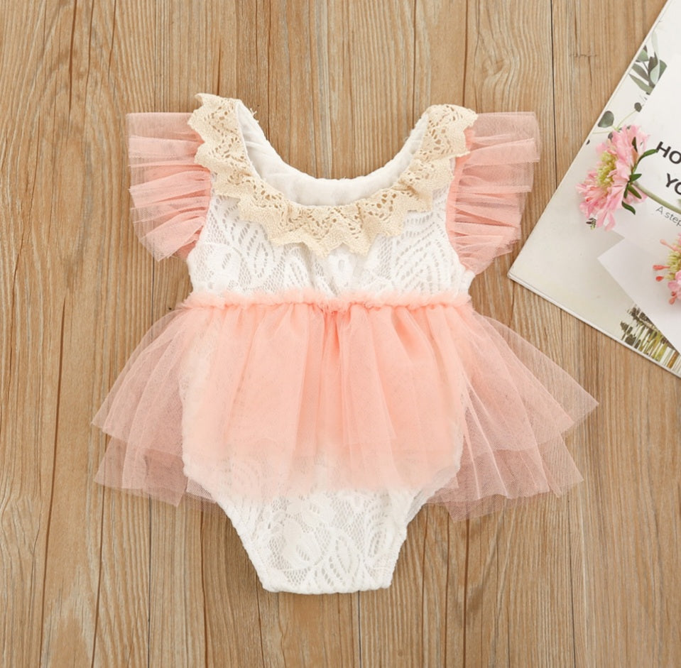 Lace Romper with Romantic Peach Pink Tutu and Ruffle Sleeve