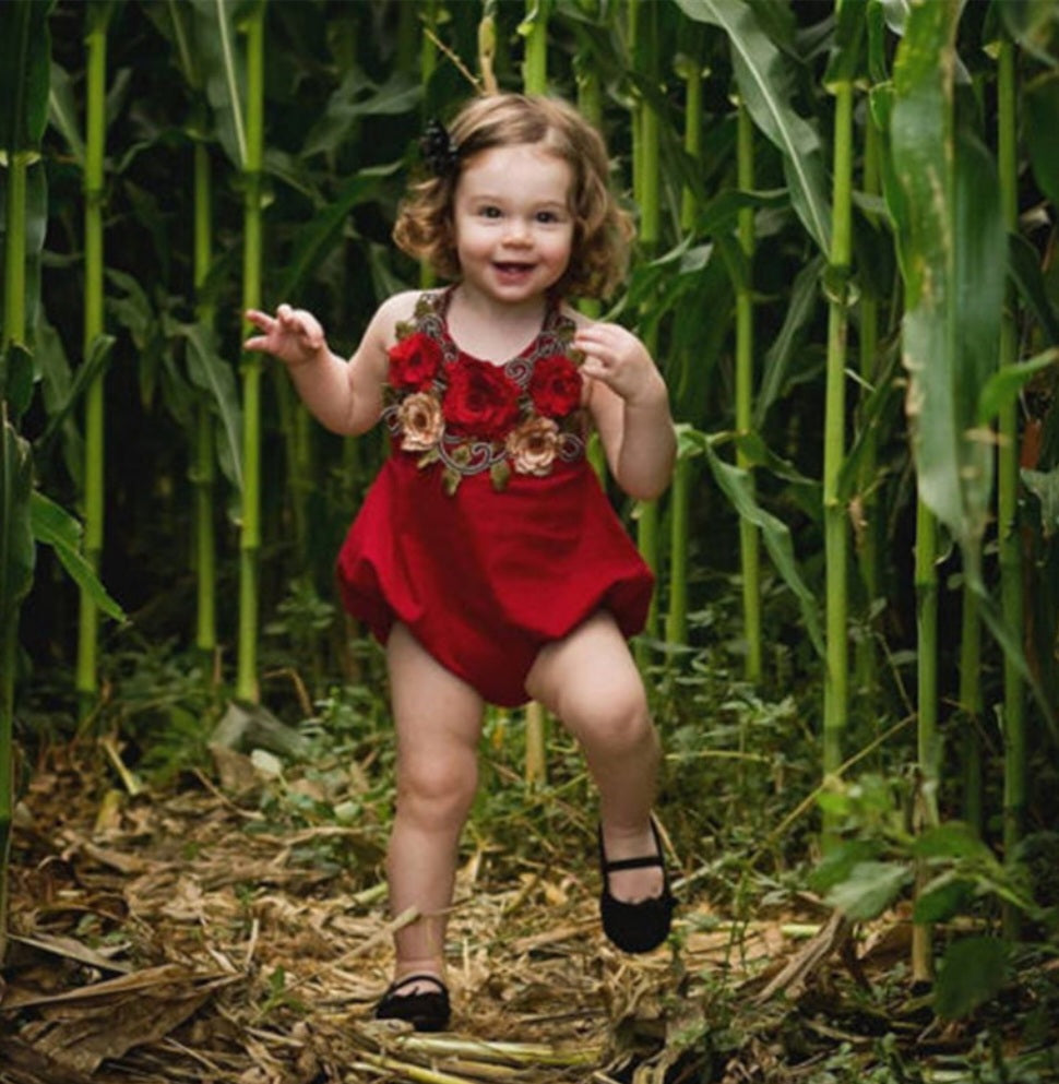 Red Silk Romper With Roses ( Also Available in Halterneck Dress)