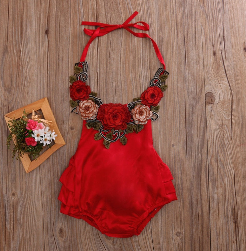 Red Silk Romper With Roses ( Also Available in Halterneck Dress)