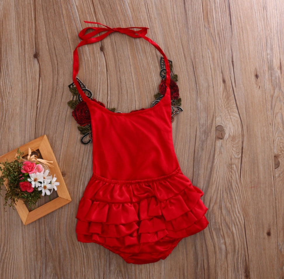 Red Silk Romper With Roses ( Also Available in Halterneck Dress)