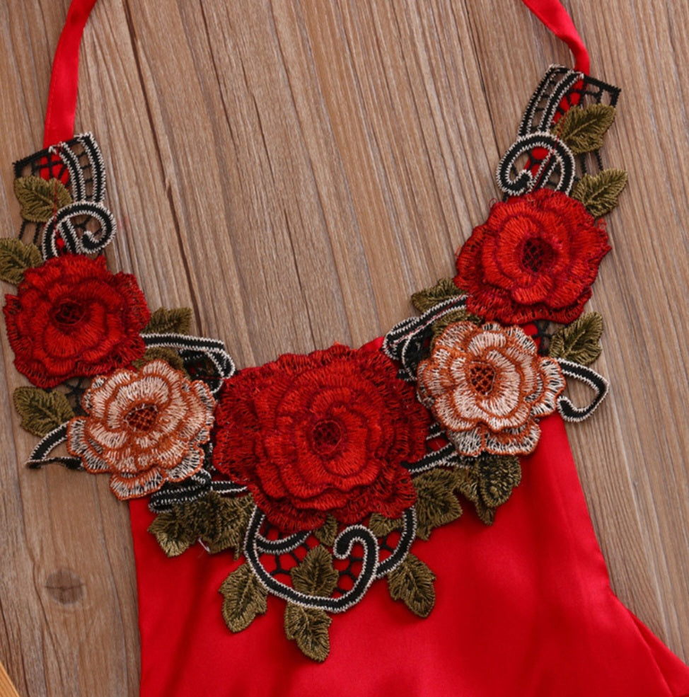 Red Silk Romper With Roses ( Also Available in Halterneck Dress)