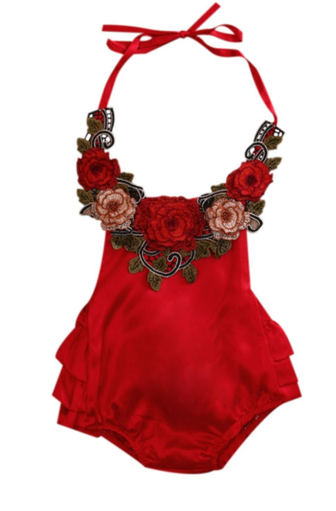 Red Silk Romper With Roses ( Also Available in Halterneck Dress)