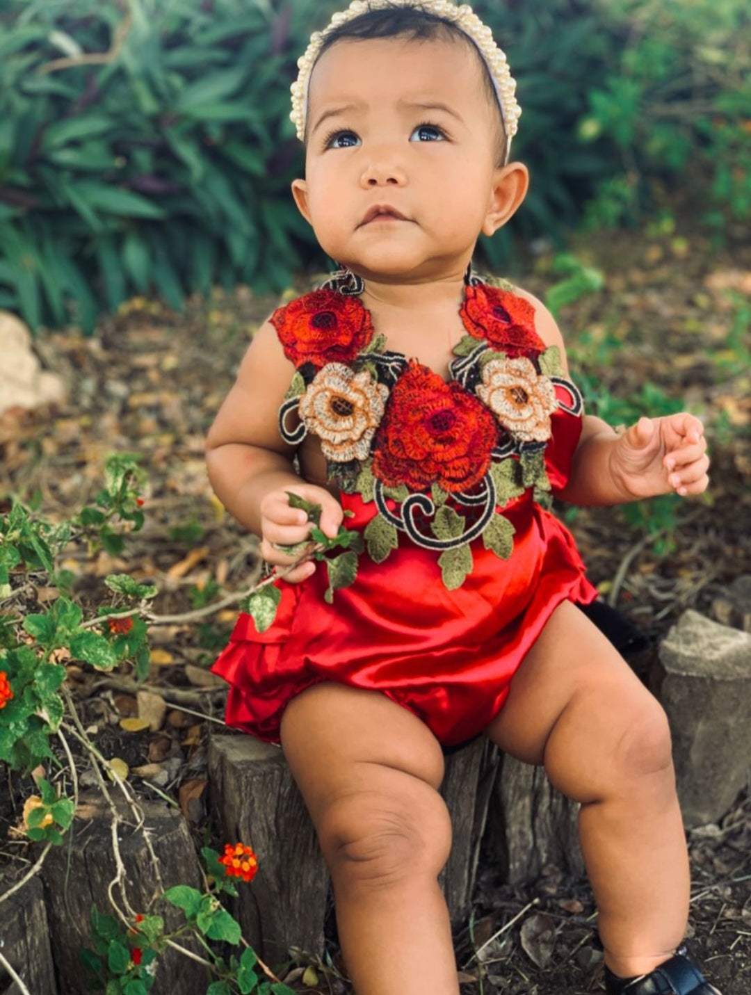 Red Silk Romper With Roses ( Also Available in Halterneck Dress)