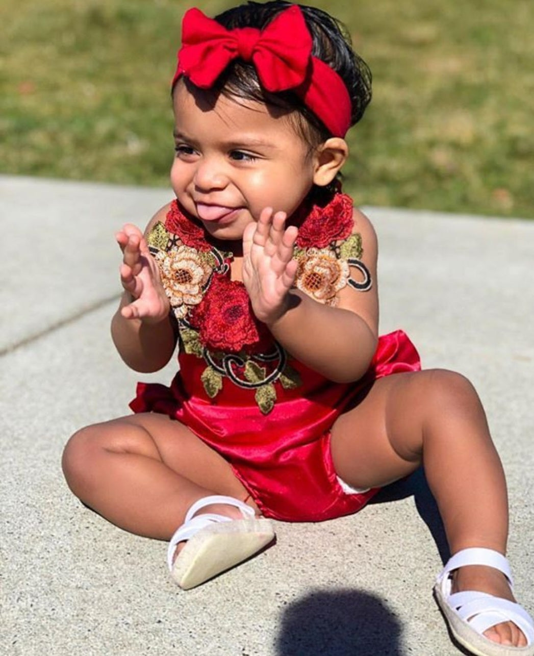 Red Silk Romper With Roses ( Also Available in Halterneck Dress)