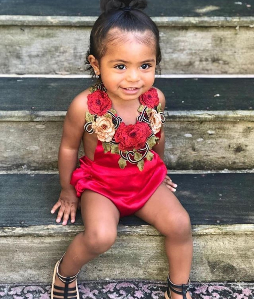 Red Silk Romper With Roses ( Also Available in Halterneck Dress)