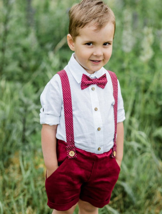 Burgundy Gentleman Suit White long Sleeve Shirt with Burgundy Suspended Shorts and Bowtie