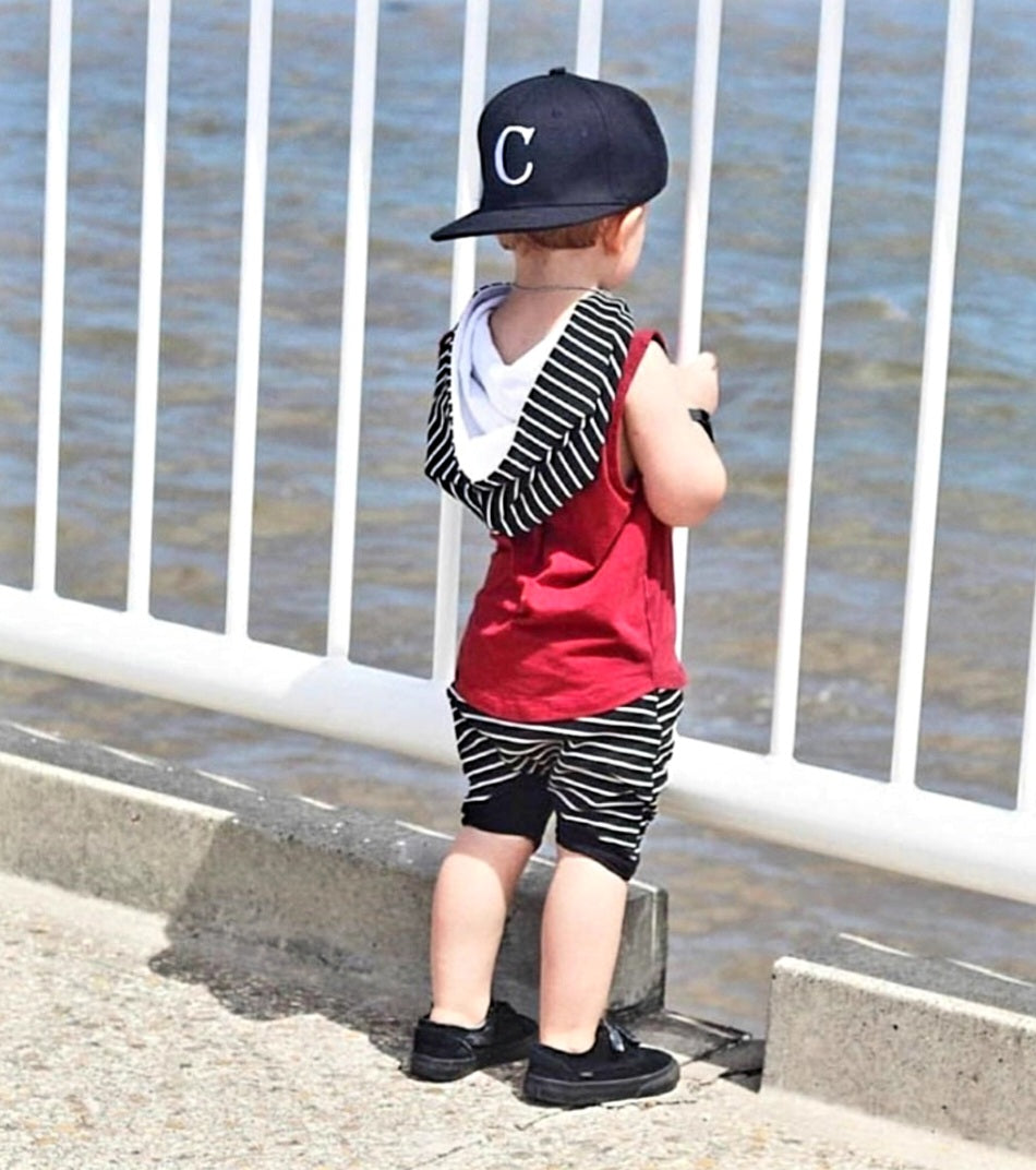 Burgundy Hoodie Sleeveless Top and Striped Shorts