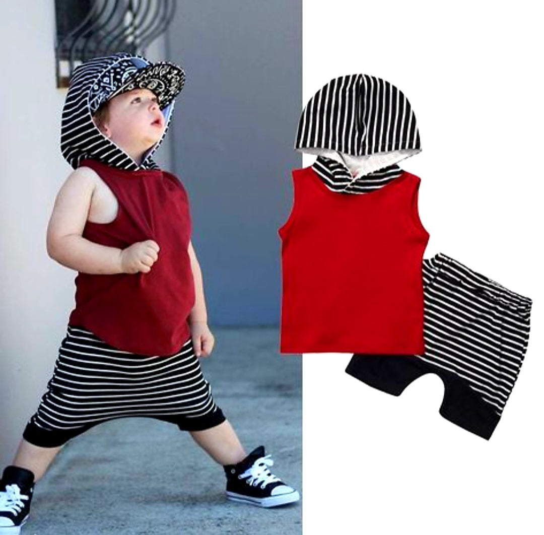 Burgundy Hoodie Sleeveless Top and Striped Shorts #2000139