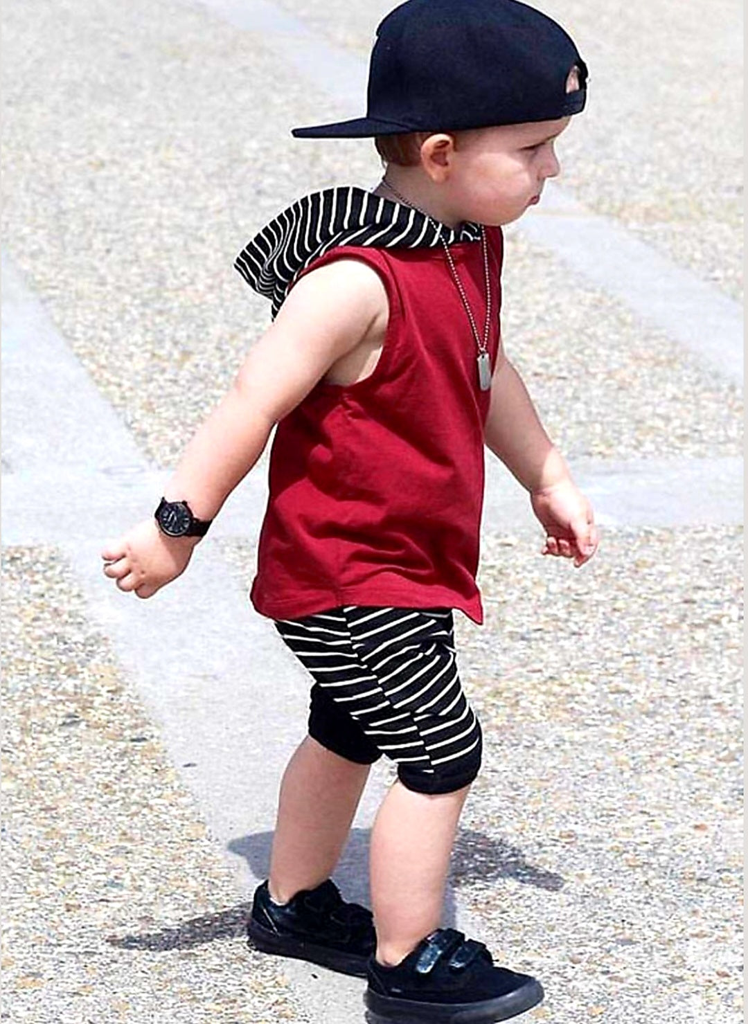 Burgundy Hoodie Sleeveless Top and Striped Shorts