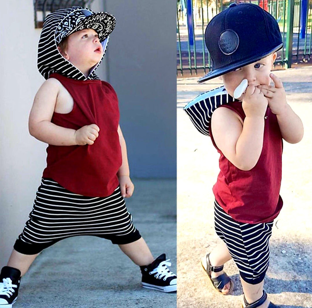 Burgundy Hoodie Sleeveless Top and Striped Shorts