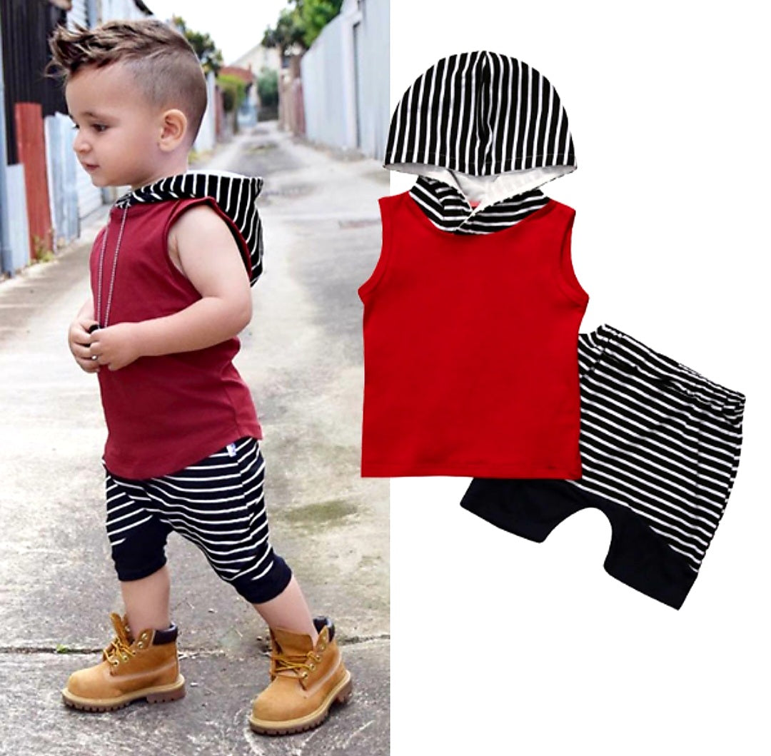 Burgundy Hoodie Sleeveless Top and Striped Shorts #2000139