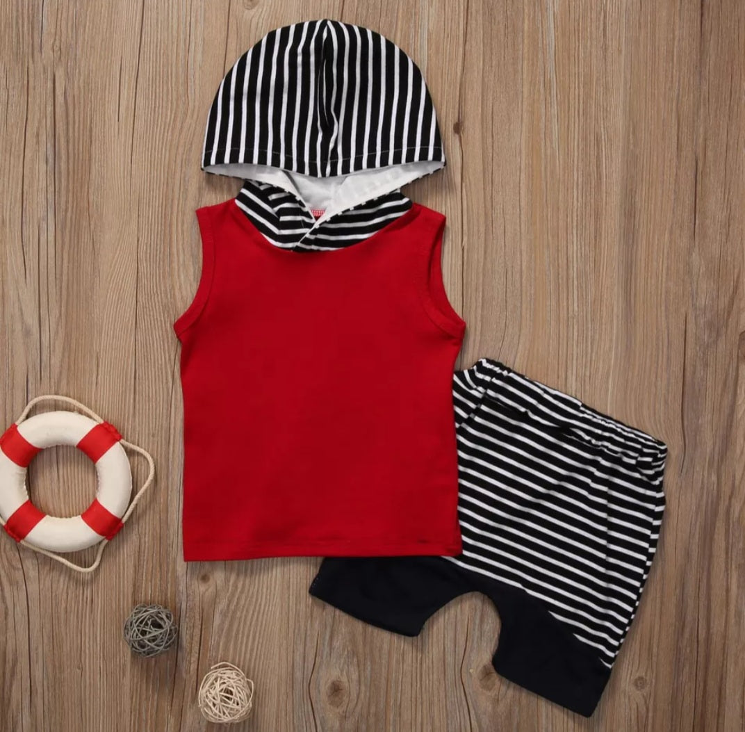 Burgundy Hoodie Sleeveless Top and Striped Shorts