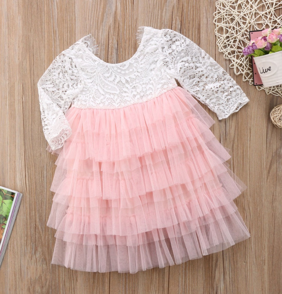 Long Sleeve Lace and Peachy Pink Tutu Dress 1000329