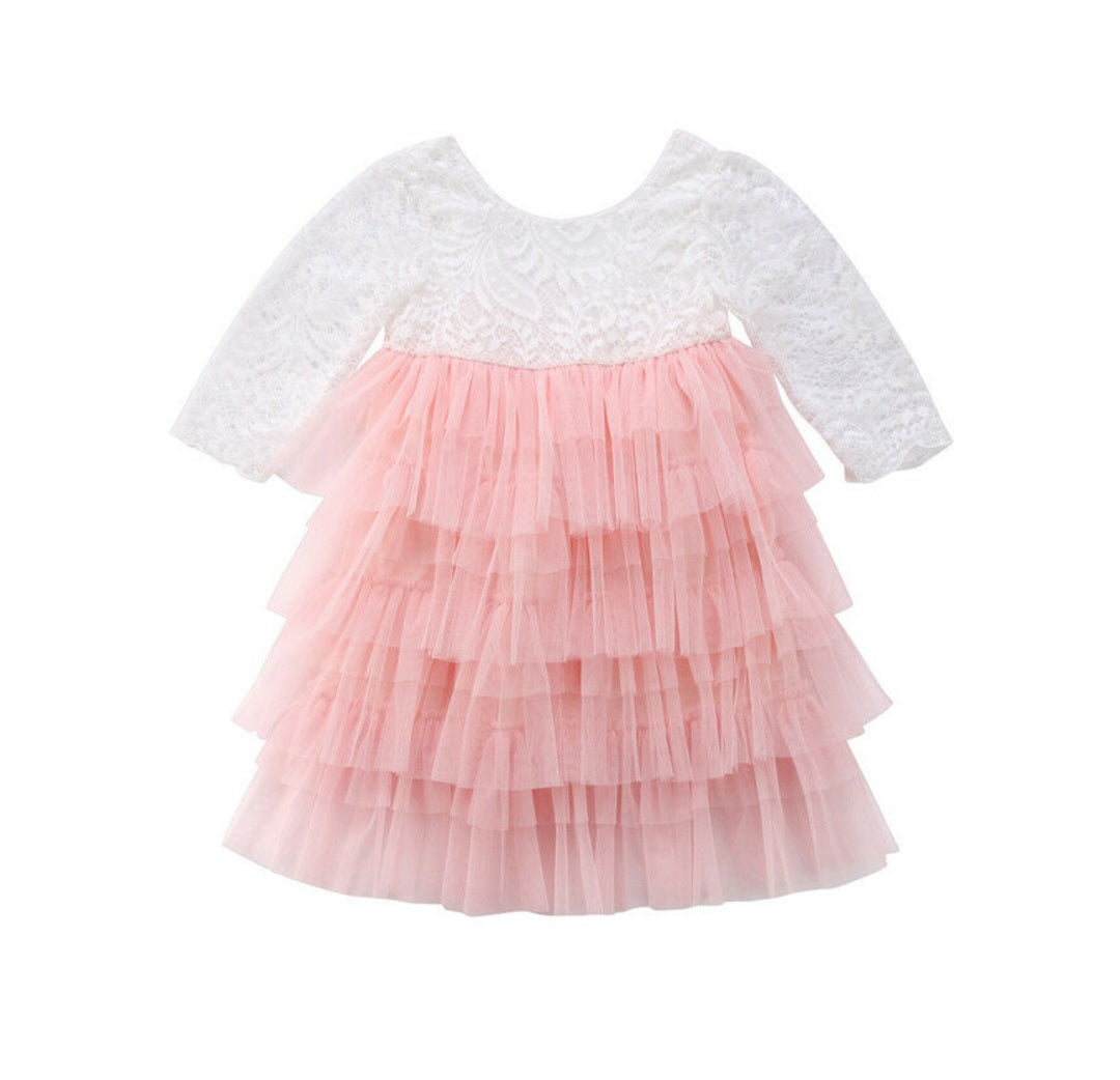 Long Sleeve Lace and Peachy Pink Tutu Dress 1000329