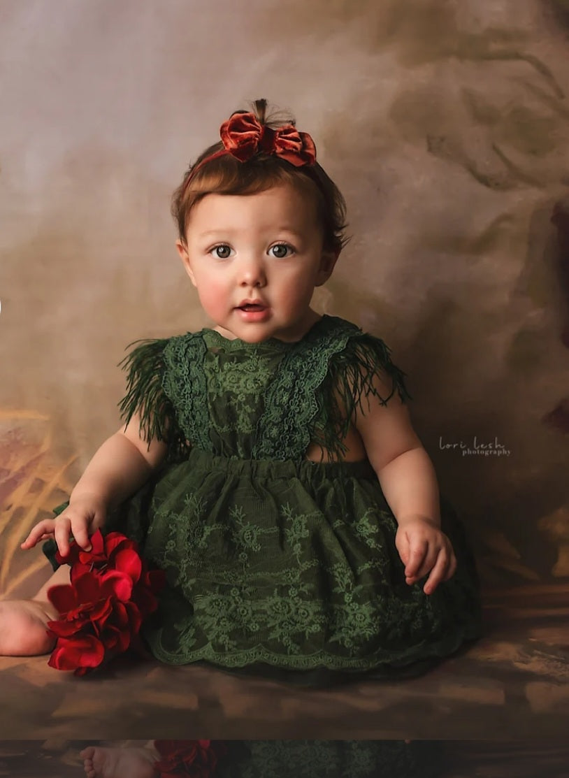 Forest Green Lace Romper with Feather Detail