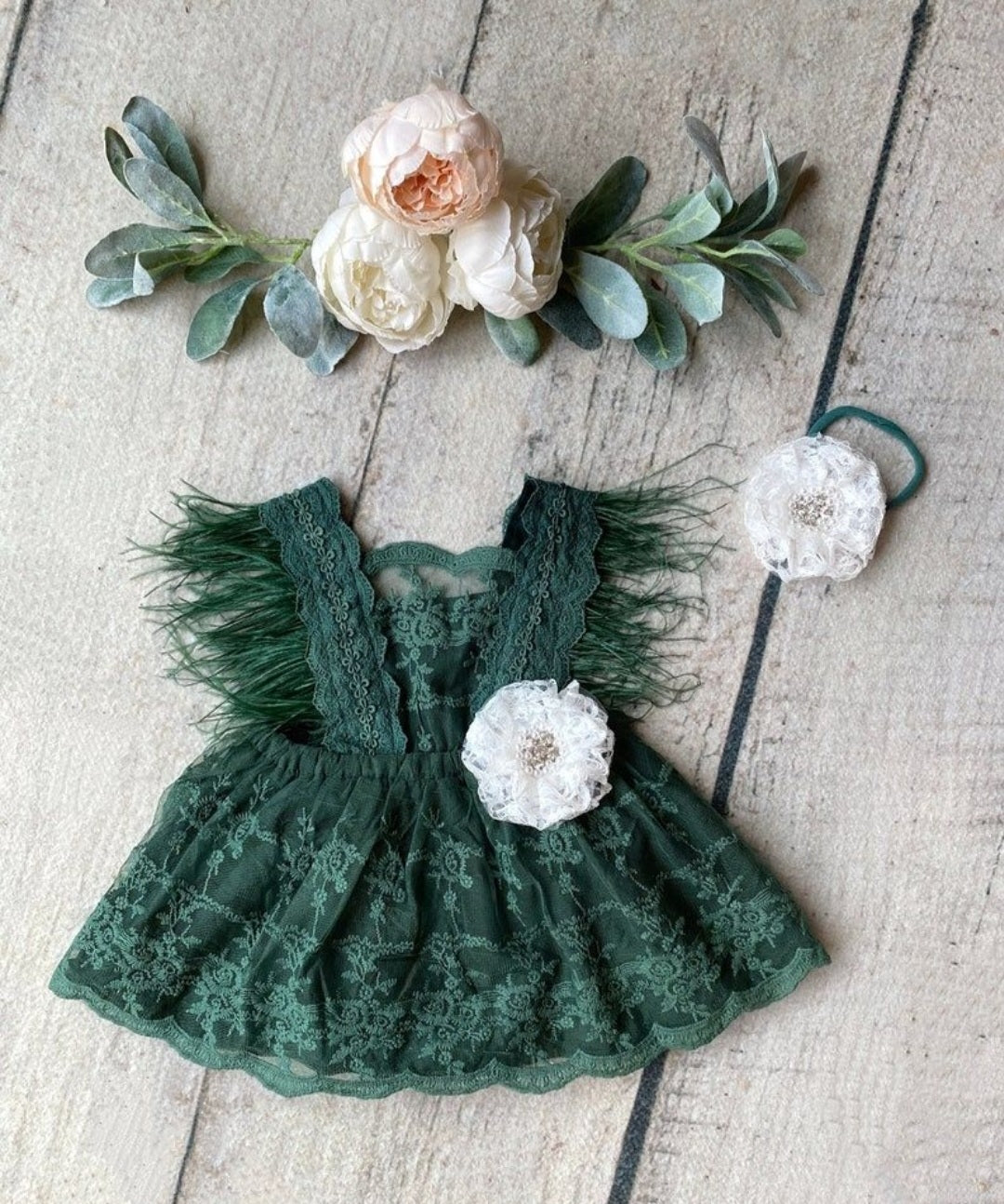 Forest Green Lace Romper with Feather Detail