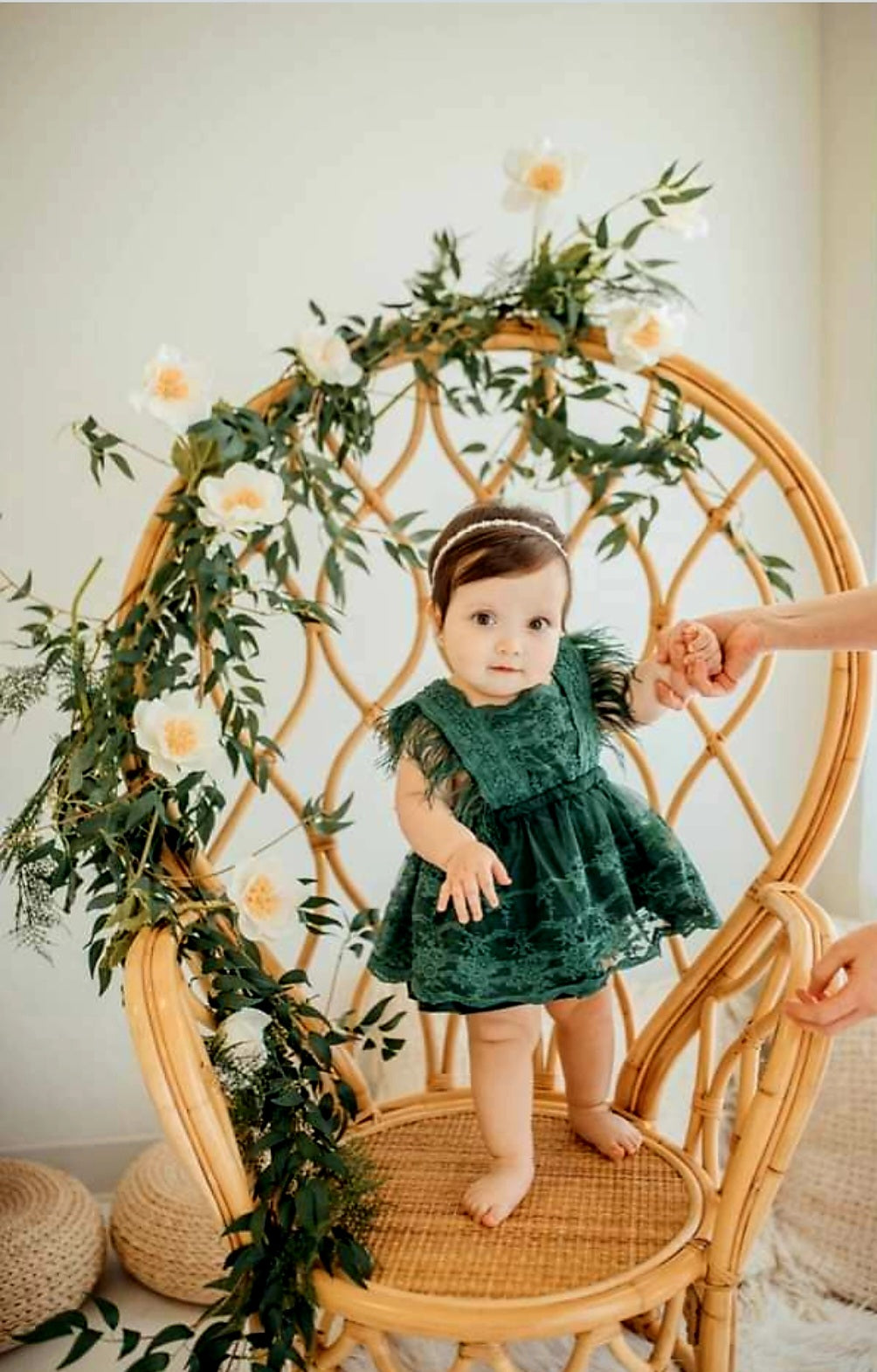 Forest Green Lace Romper with Feather Detail