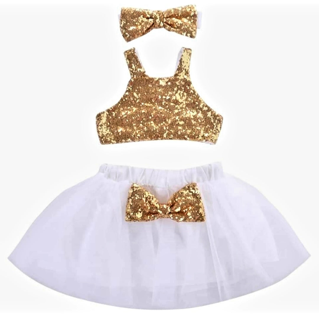 Gold Sequins Crop Top with Tutu and Headband 1000135