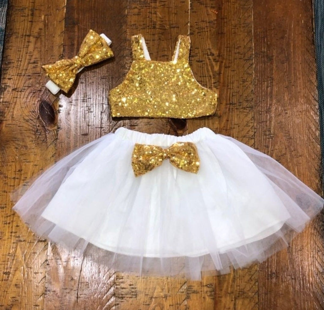 Gold Sequins Crop Top with Tutu and Headband 1000135