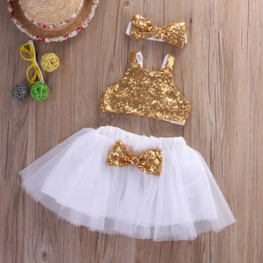 Gold Sequins Crop Top with Tutu and Headband