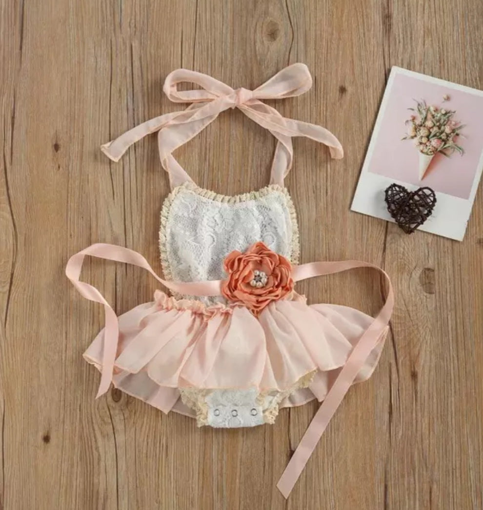 Lace Ruffle Romper with Floral Belt/Headband 1000470