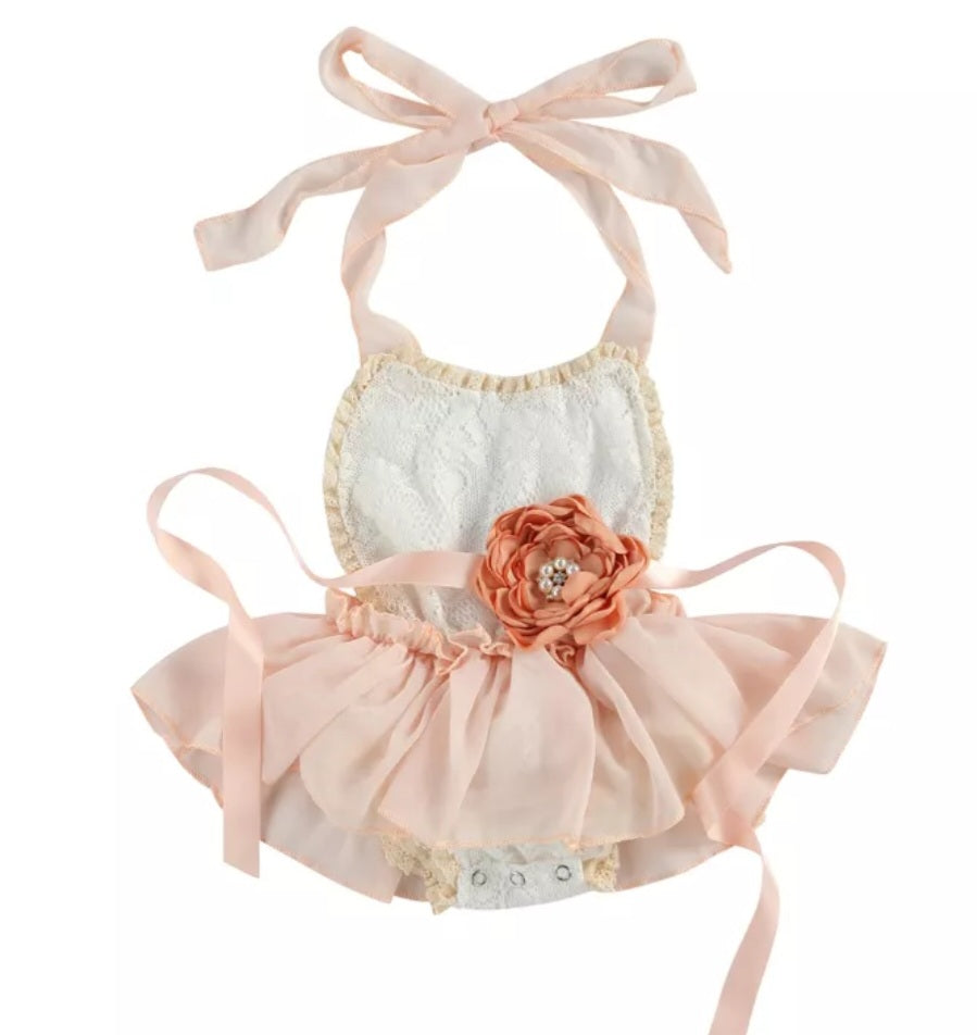 Lace Ruffle Romper with Floral Belt/Headband 1000470