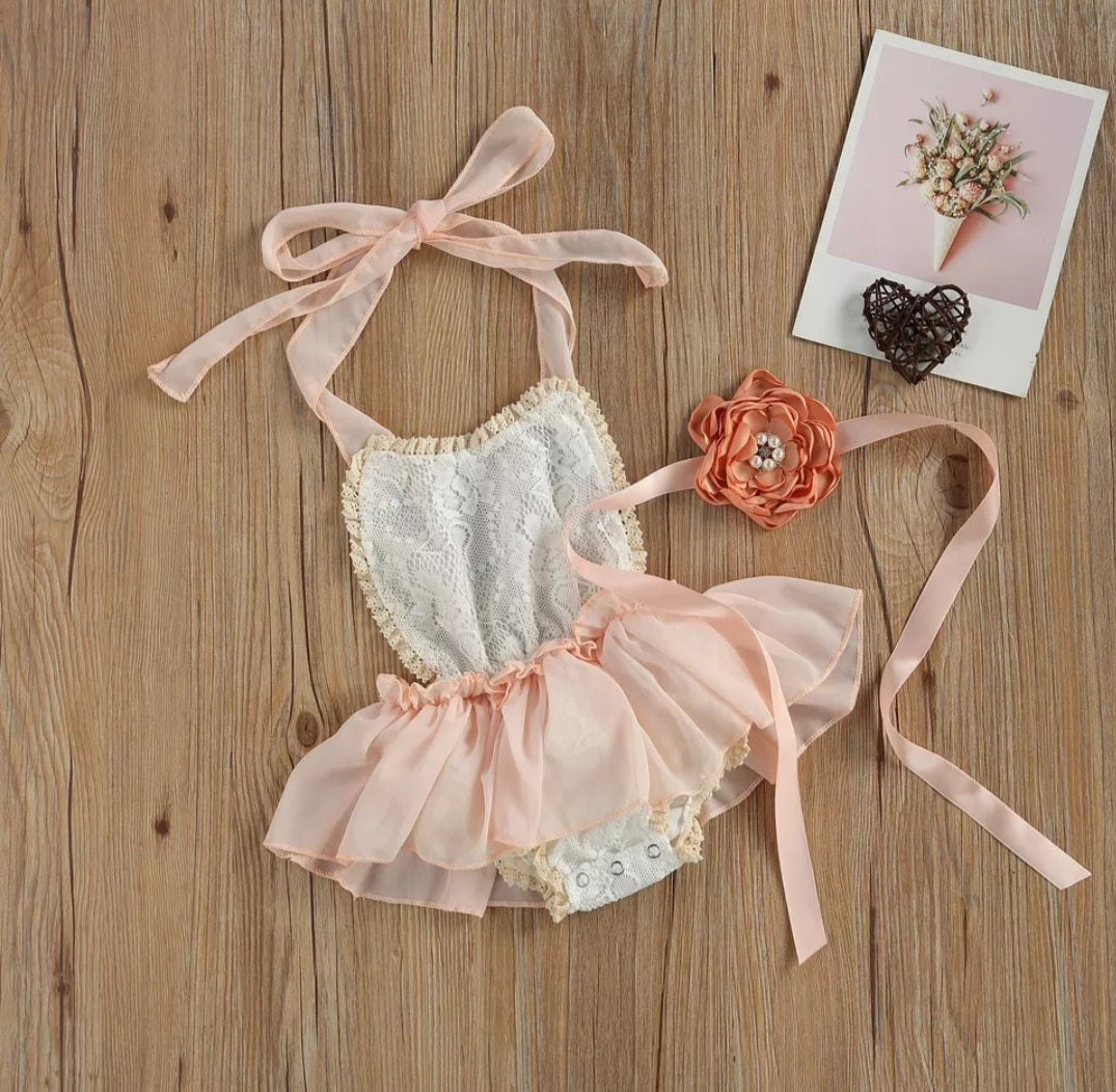 Lace Ruffle Romper with Floral Belt/Headband