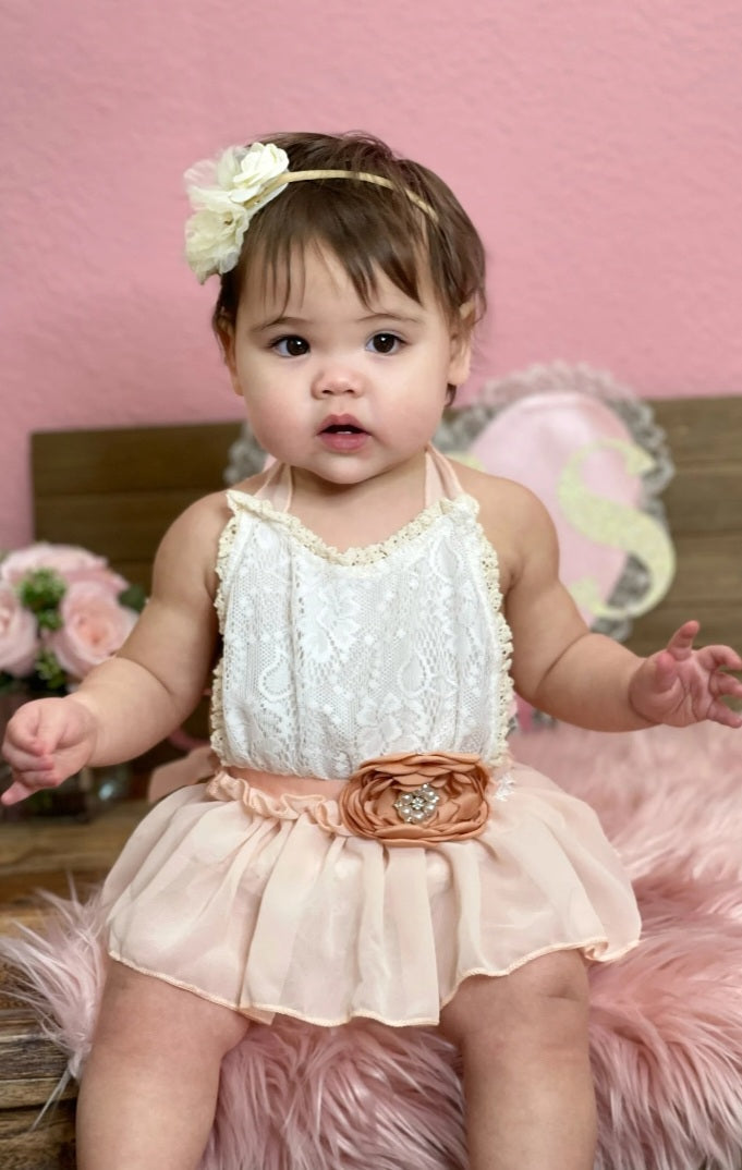 Lace Ruffle Romper with Floral Belt/Headband 1000470