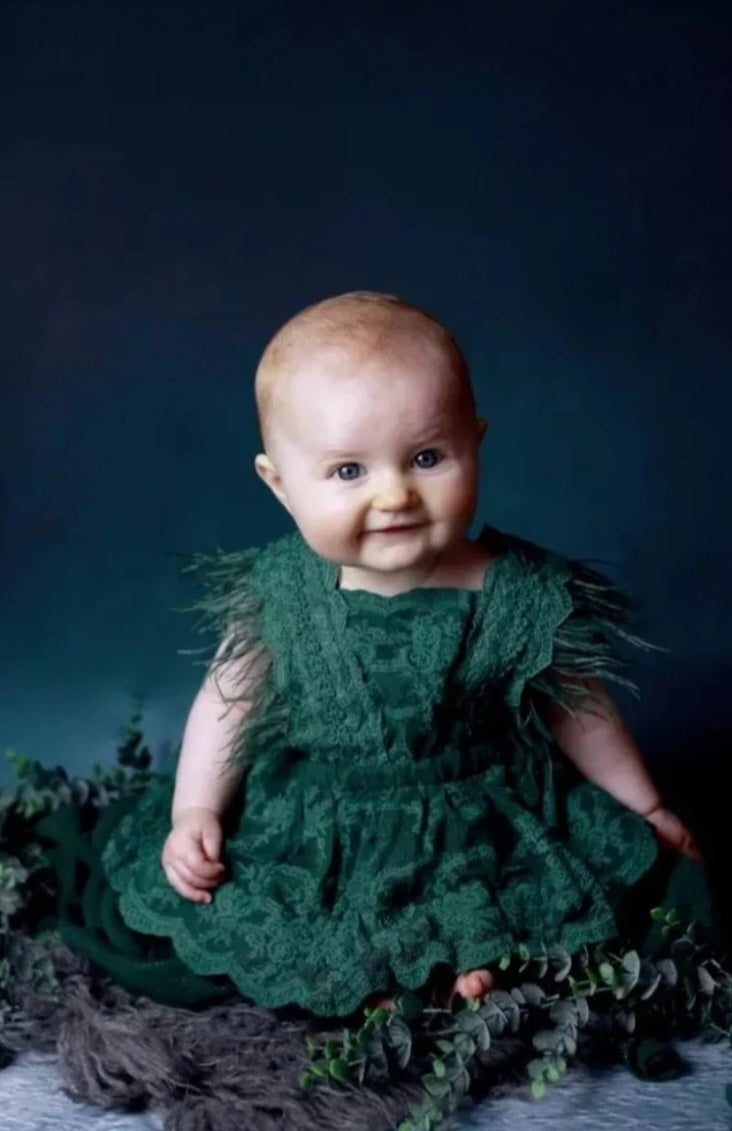 Forest Green Lace Romper with Feather Detail