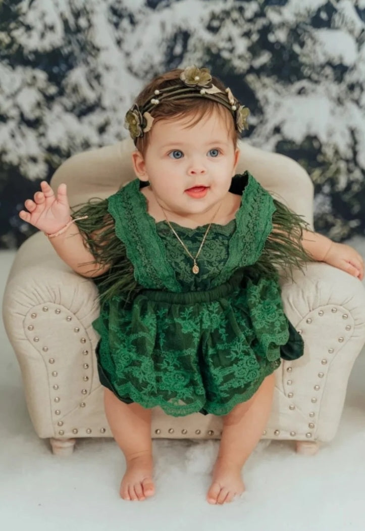 Forest Green Lace Romper with Feather Detail