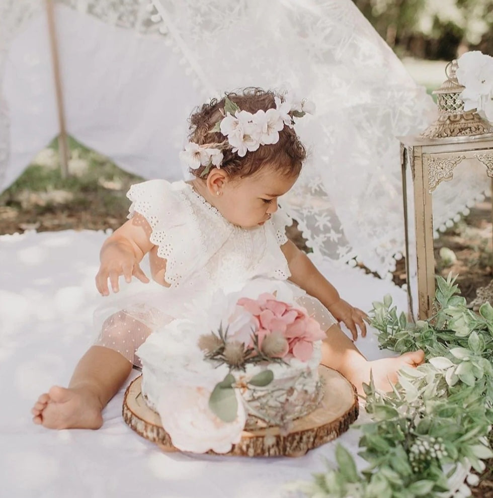 White Lace Romper Dress with Ruffled Detail