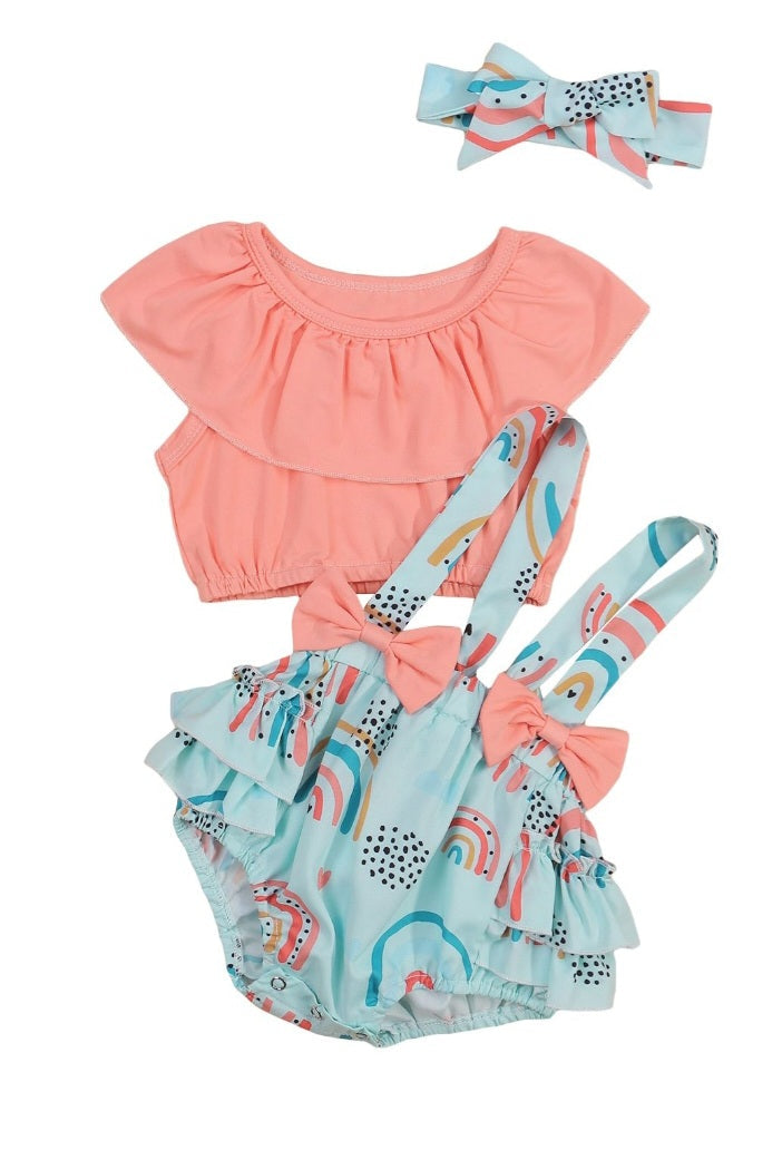 Peach Crop Top and Rainbow Overall Shorts and Headband 