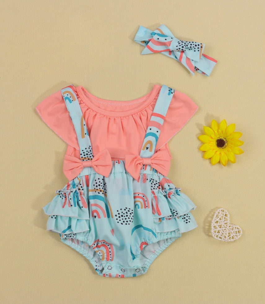 Peach Crop Top and Rainbow Overall Shorts and Headband 