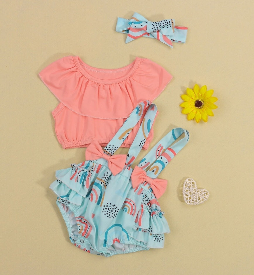 Peach Crop Top and Rainbow Overall Shorts and Headband 