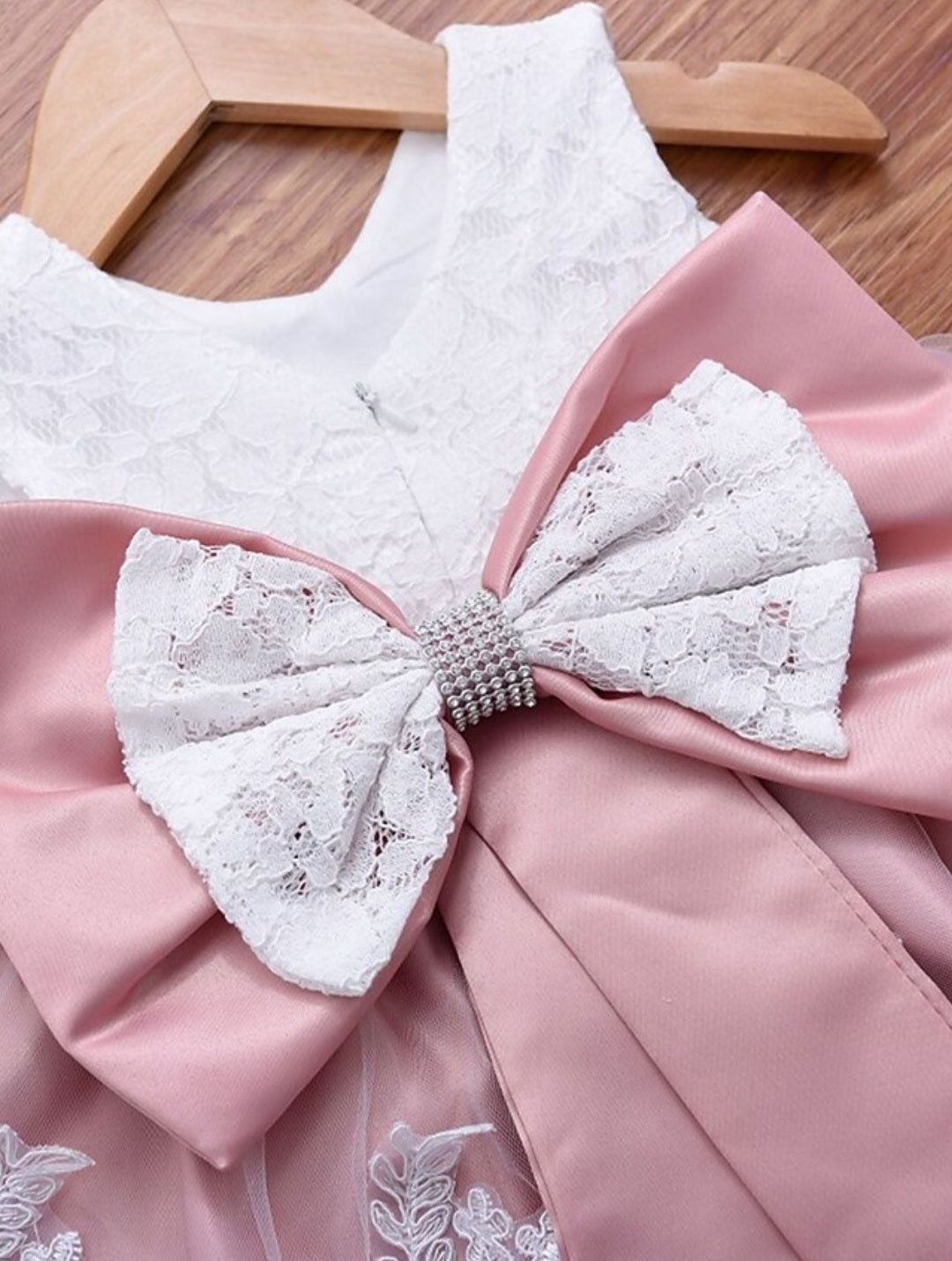 Dusty Pink &amp; White Lace Formal Dress with Diamante Headband and Bow