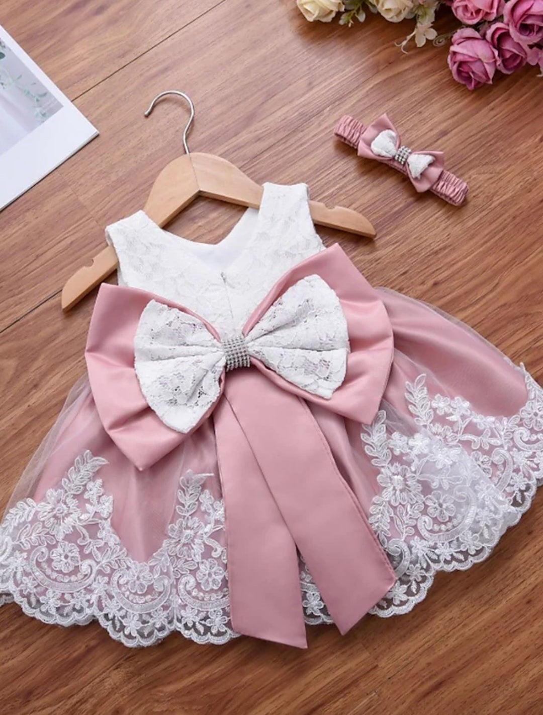 Dusty Pink &amp; White Lace Formal Dress with Diamante Headband and Bow