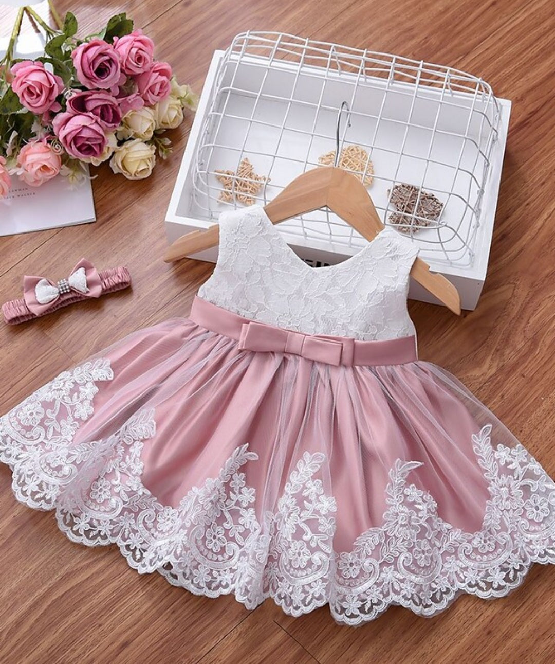 Dusty Pink &amp; White Lace Formal Dress with Diamante Headband and Bow