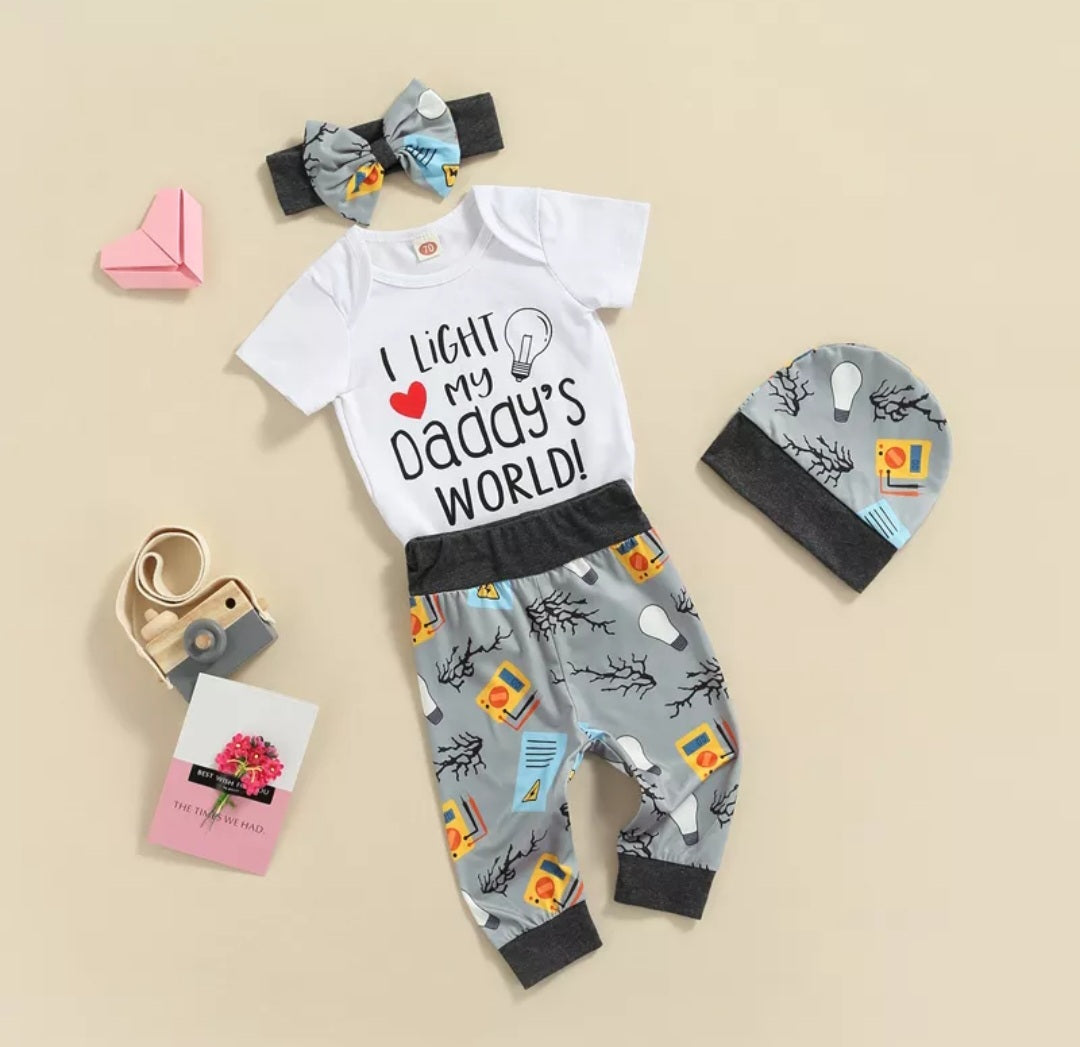 I Light My Daddy's World Romper with  Matching Pants, Hat and Headband Gender Neutral 