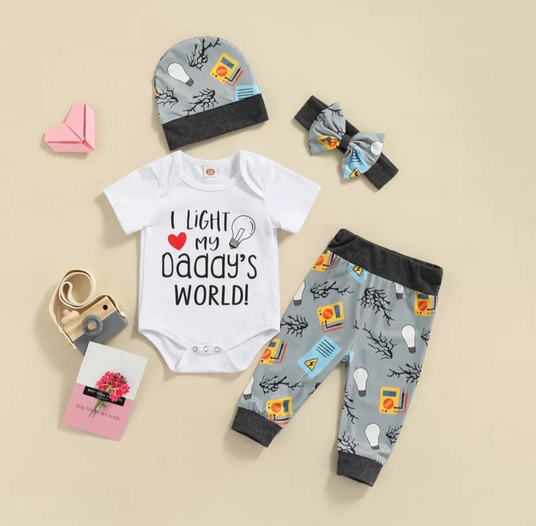 I Light My Daddy's World Romper with  Matching Pants, Hat and Headband Gender Neutral 