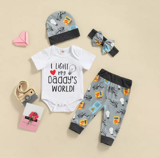I Light My Daddy's World Romper with  Matching Pants, Hat and Headband Gender Neutral  1000128