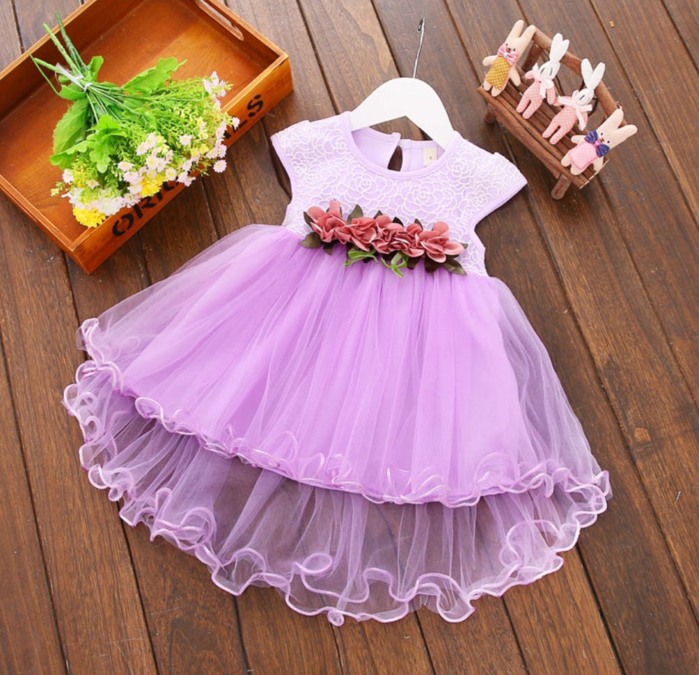 Purple Ruffle Dress with Floral Detail 1001068