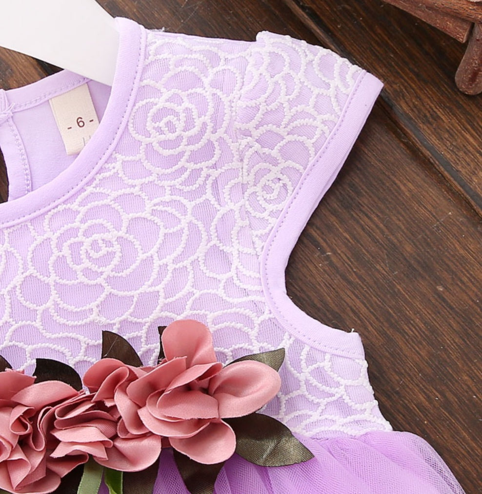 Purple Ruffle Dress with Floral Detail 1001068