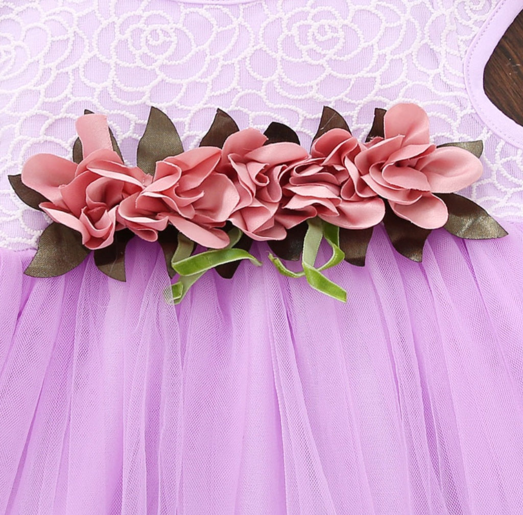 Purple Ruffle Dress with Floral Detail #1001068