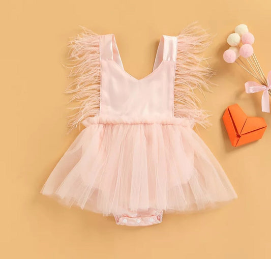 Pink Romper with Romantic Tutu and Feather Detail