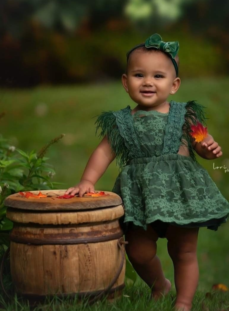 Forest Green Lace Romper with Feather Detail