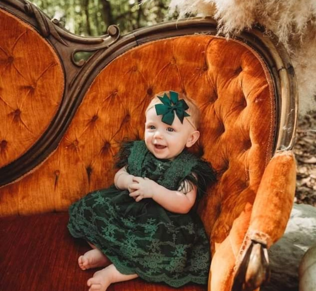 Forest Green Lace Romper with Feather Detail